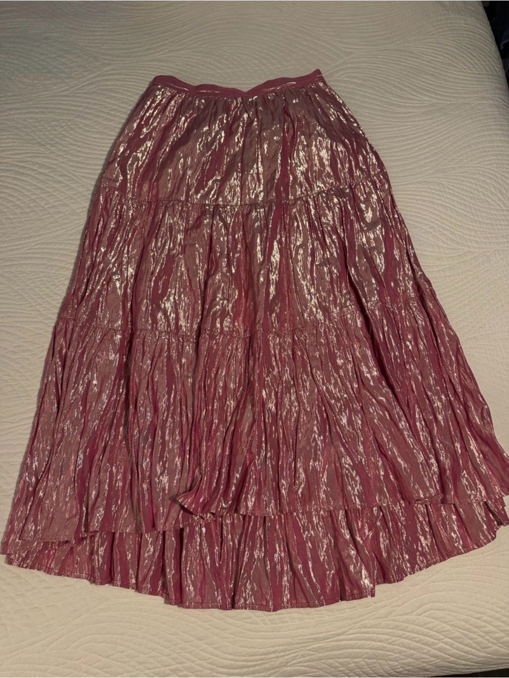 Maeve Metallic Pink Tiered Maxi Skirt